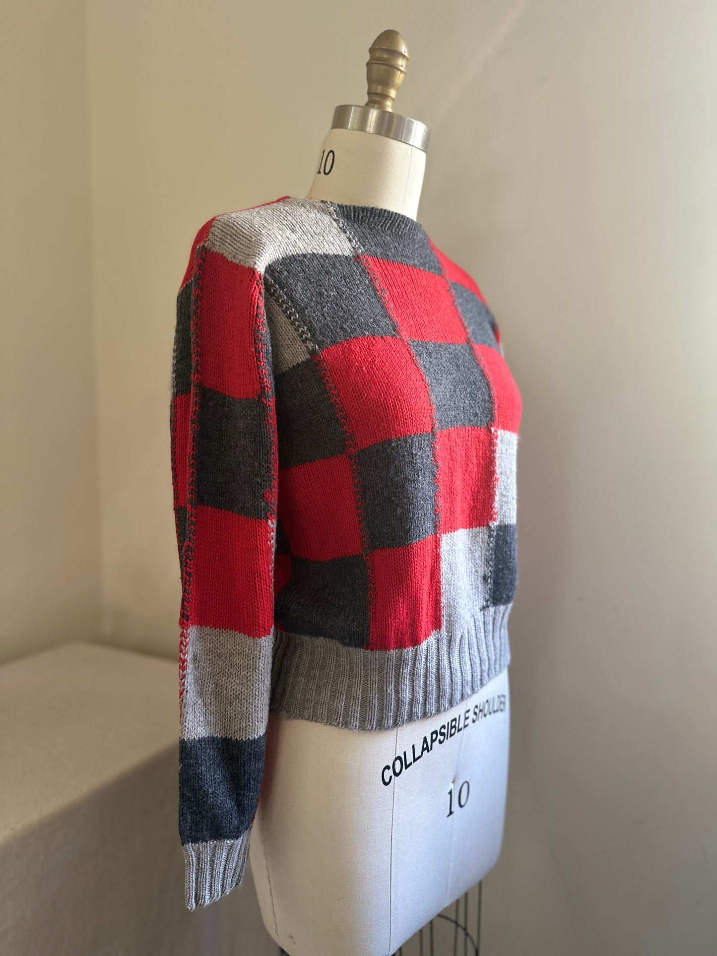 Pendleton Red and Grey Checkered Boatneck Wool Sweater