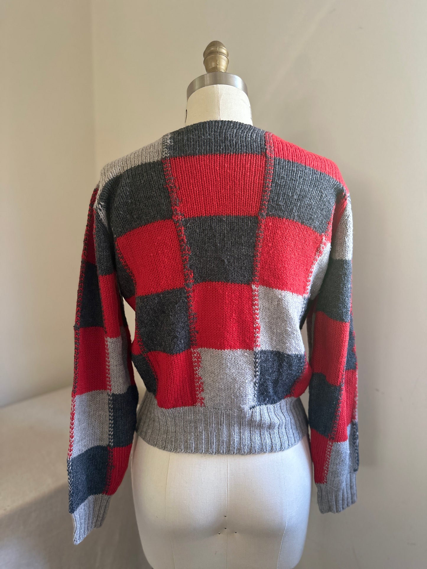 Pendleton Red and Grey Checkered Boatneck Wool Sweater