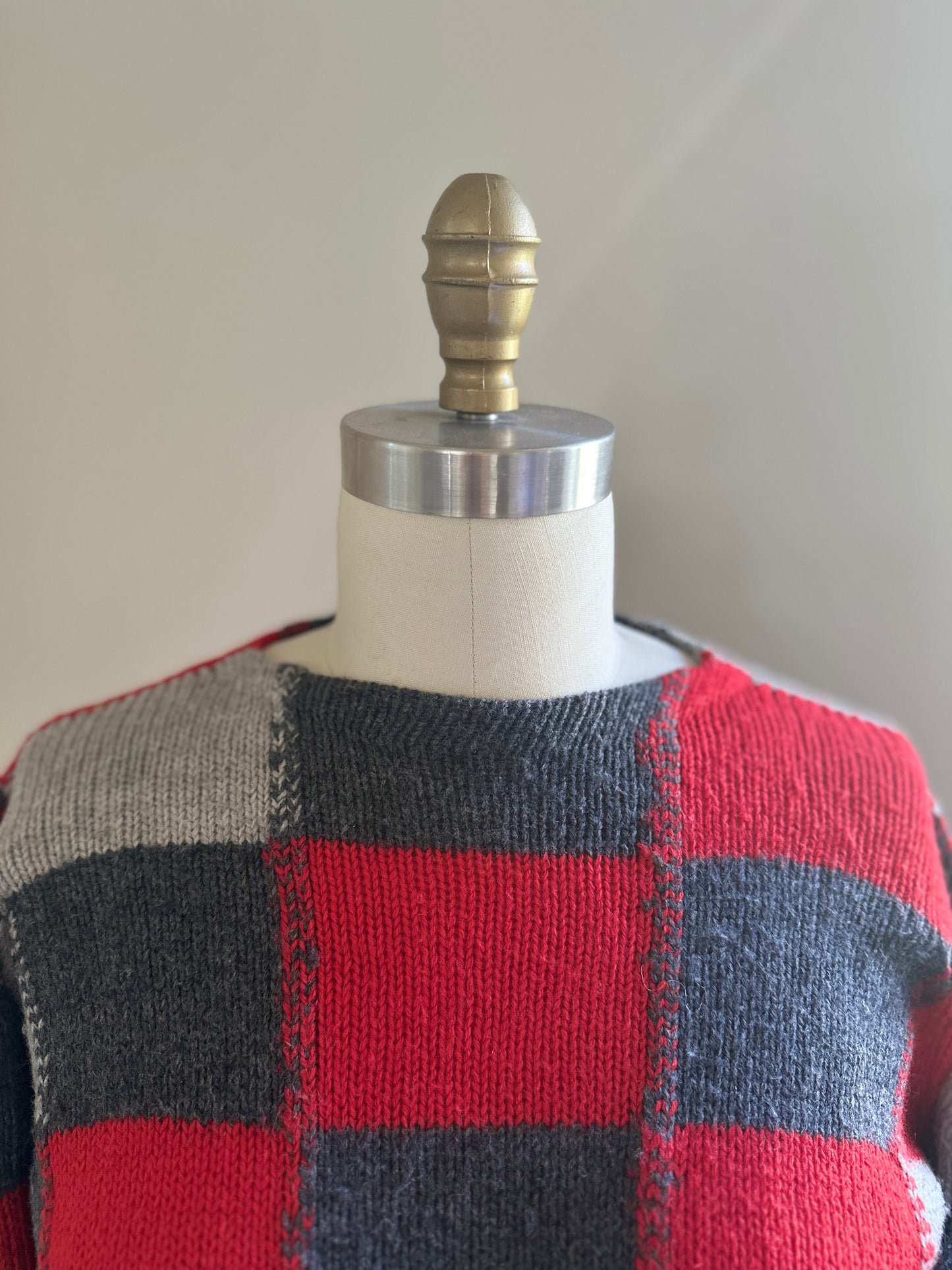 Pendleton Red and Grey Checkered Boatneck Wool Sweater