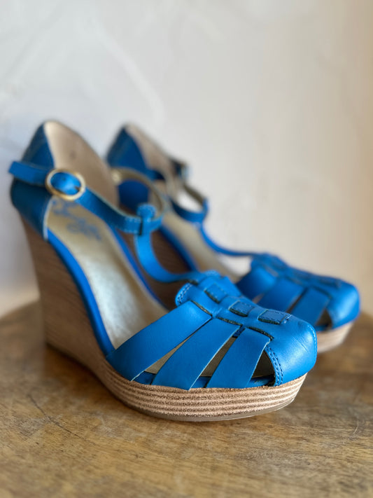Azure Blue T-strap Wedges