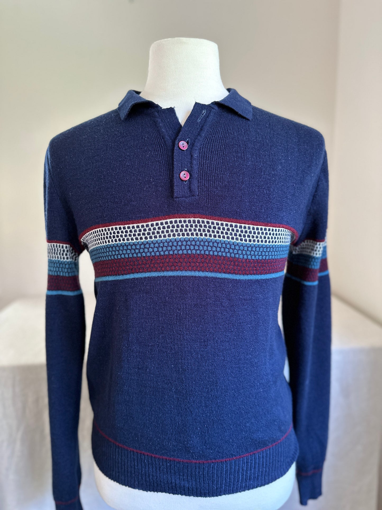 Collared Navy and Mosaic Stripe Sweater