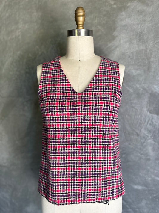Boxy Purple & Pink Plaid Wool V-Neck