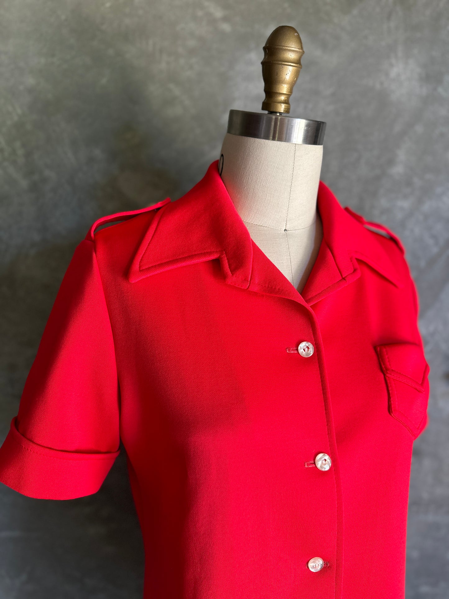 Personal Red Poly Short Sleeve Button Up with Epaulettes
