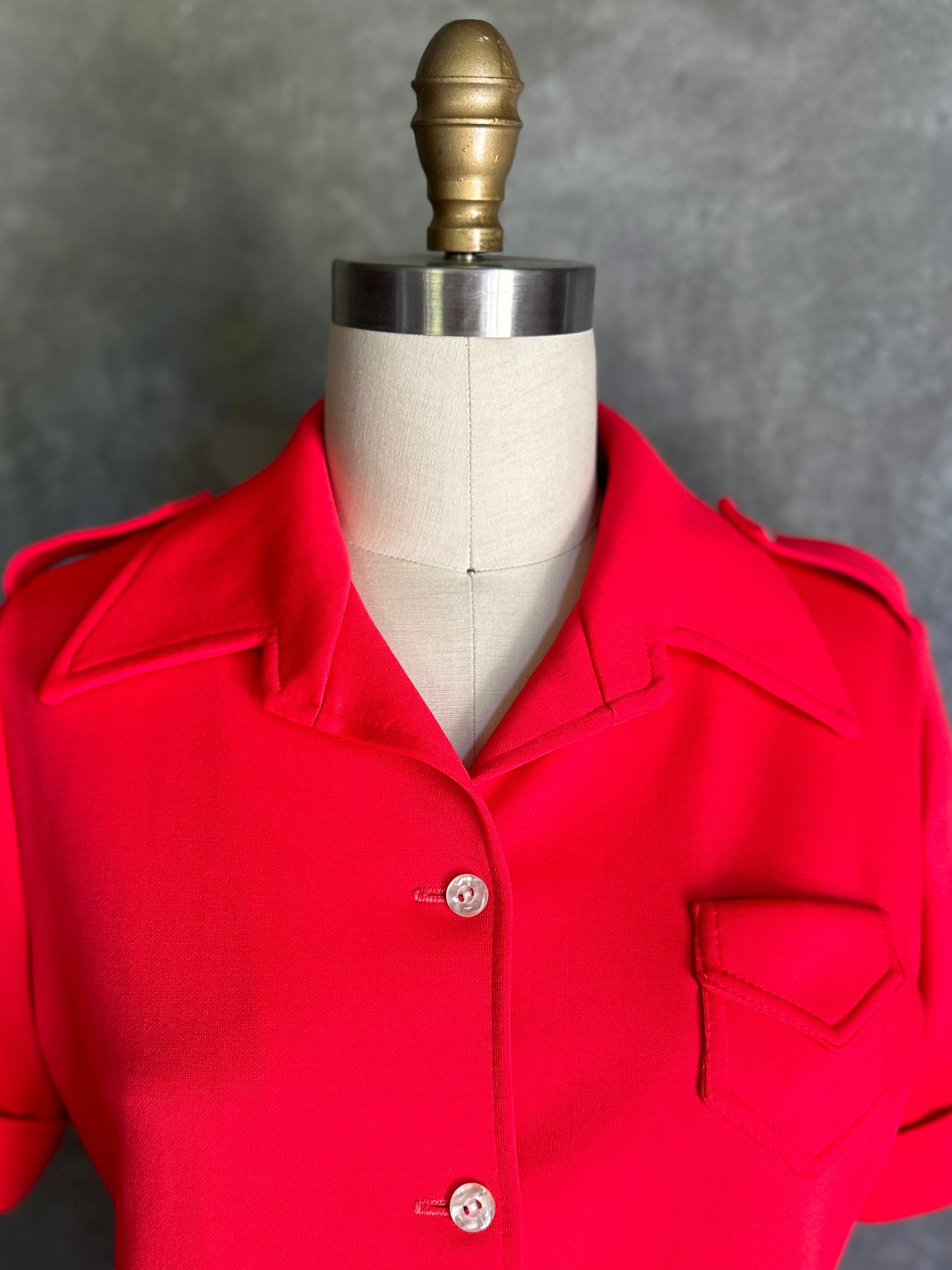 Personal Red Poly Short Sleeve Button Up with Epaulettes