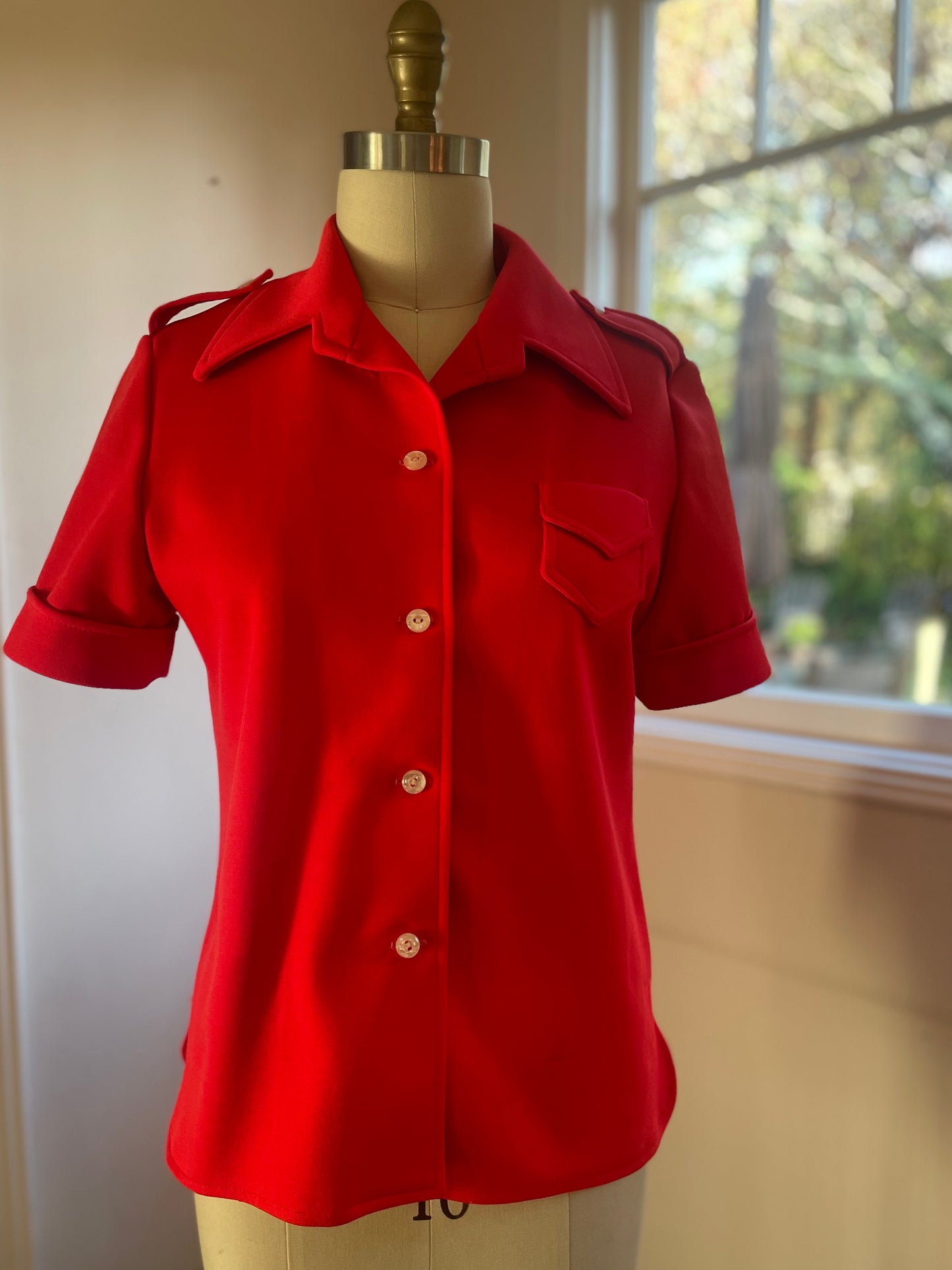 Personal Red Poly Short Sleeve Button Up with Epaulettes