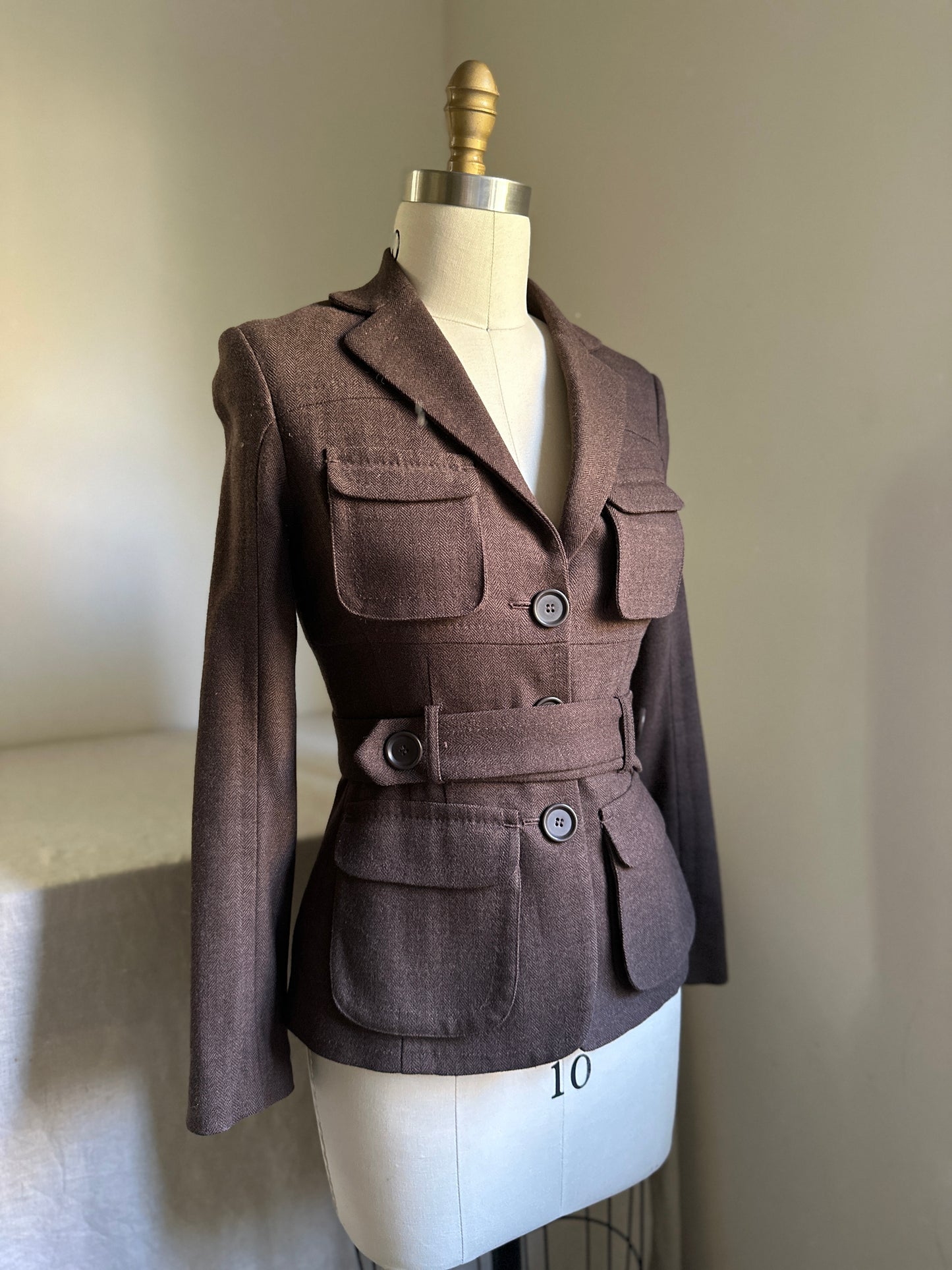 Brown Wool Twill 4-Pocket Button Up Blazer