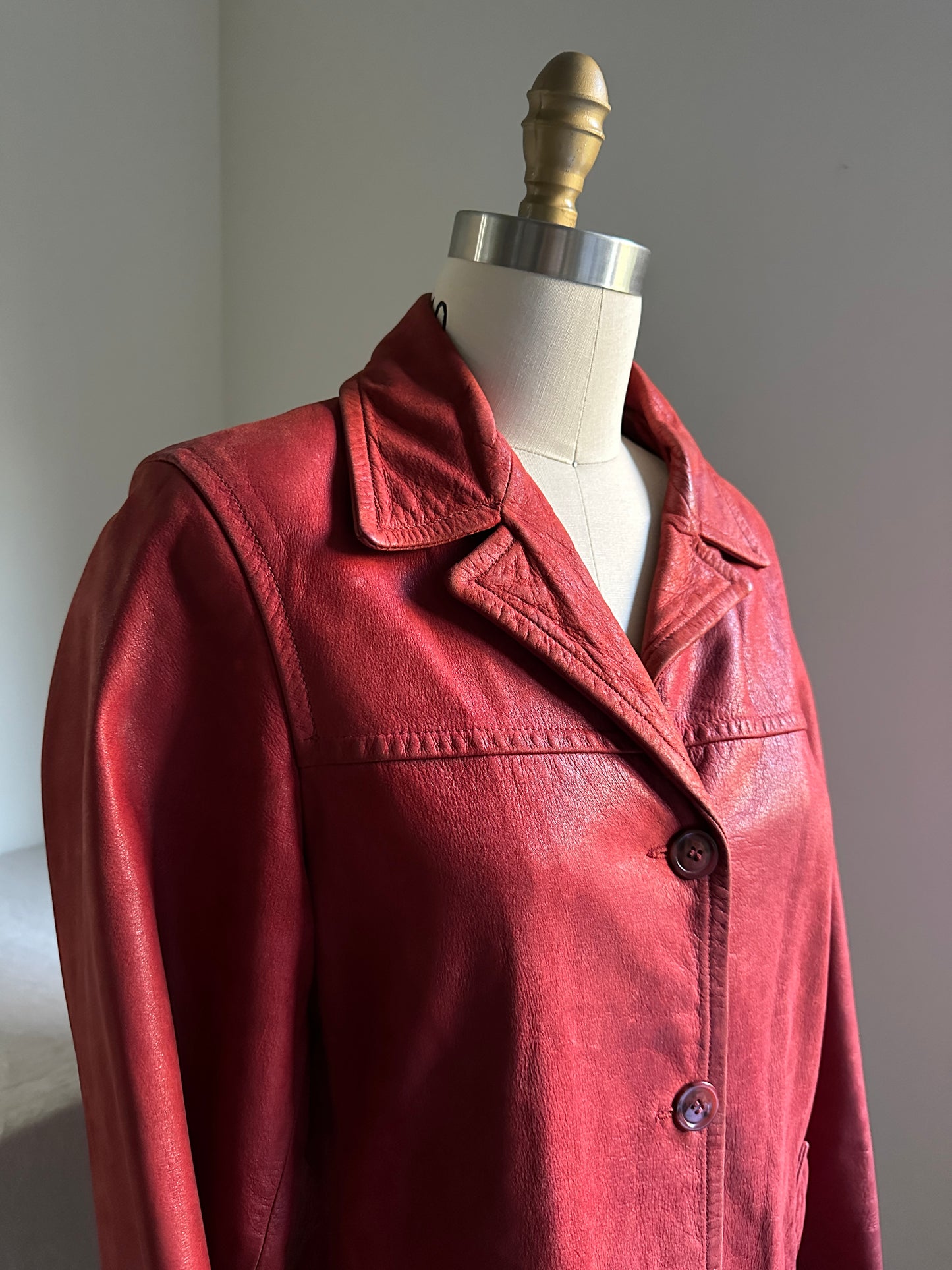 Red Button Up Leather Coat