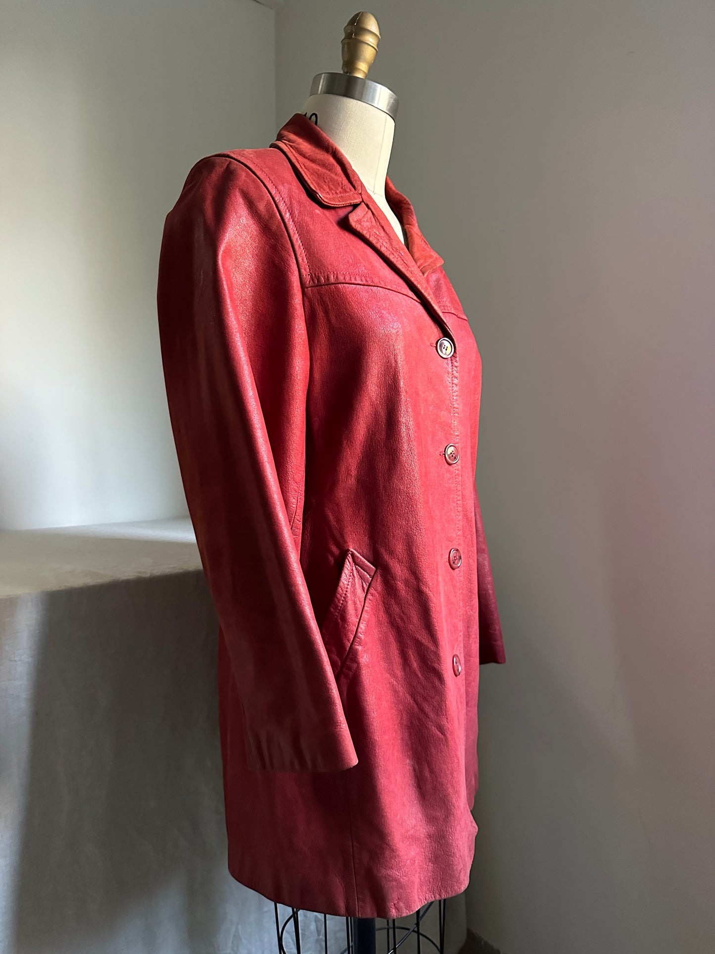 Red Button Up Leather Coat