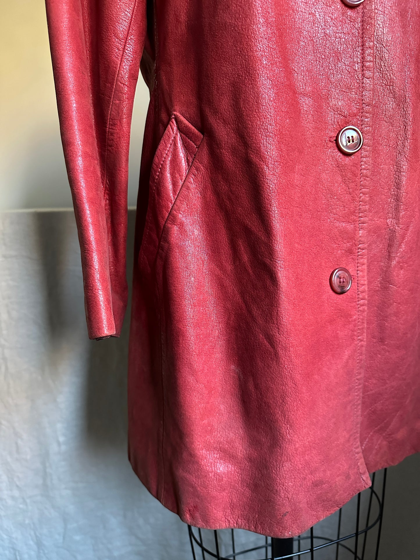Red Button Up Leather Coat