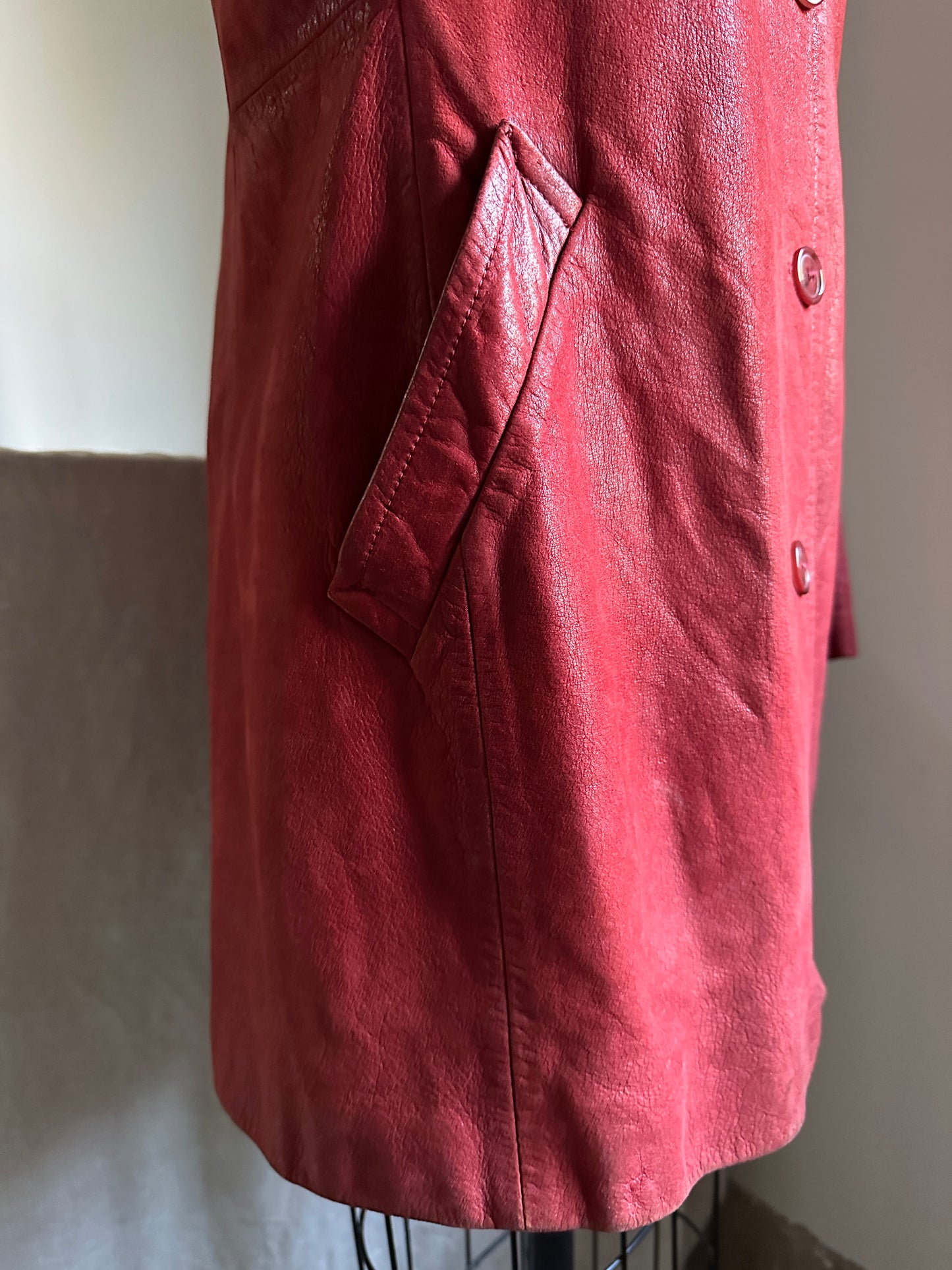 Red Button Up Leather Coat