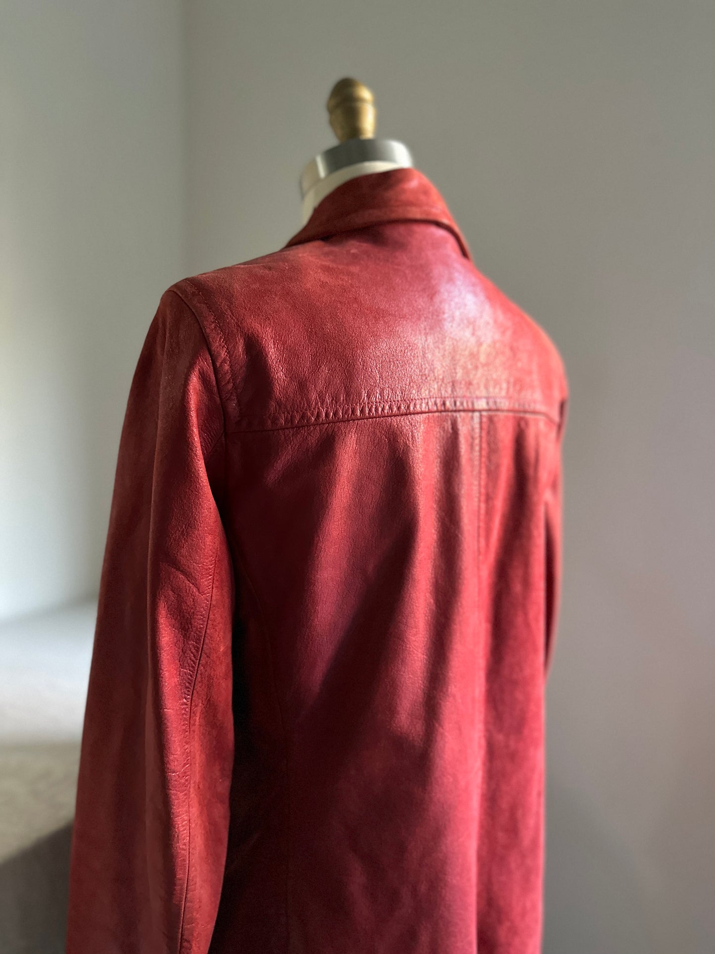 Red Button Up Leather Coat