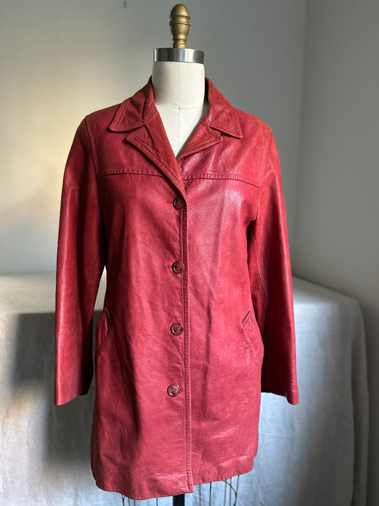 Red Button Up Leather Coat