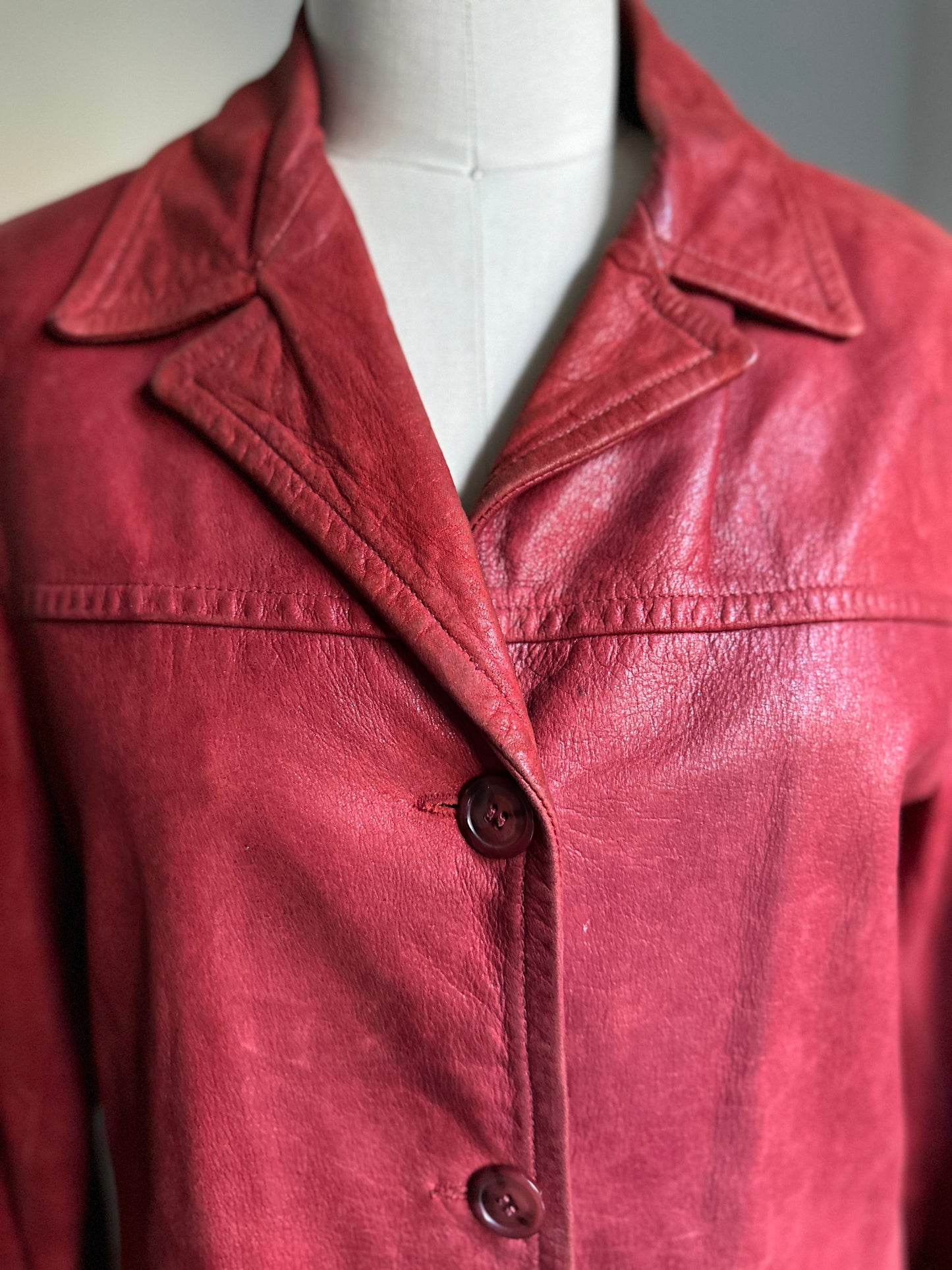 Red Button Up Leather Coat