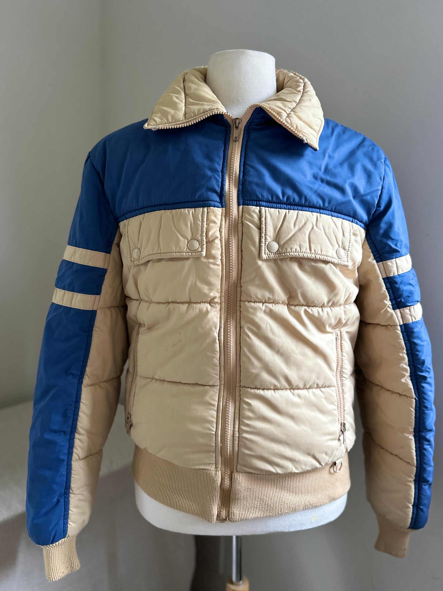 Black Bear Beige and Blue Zip Up Puffy Jacket