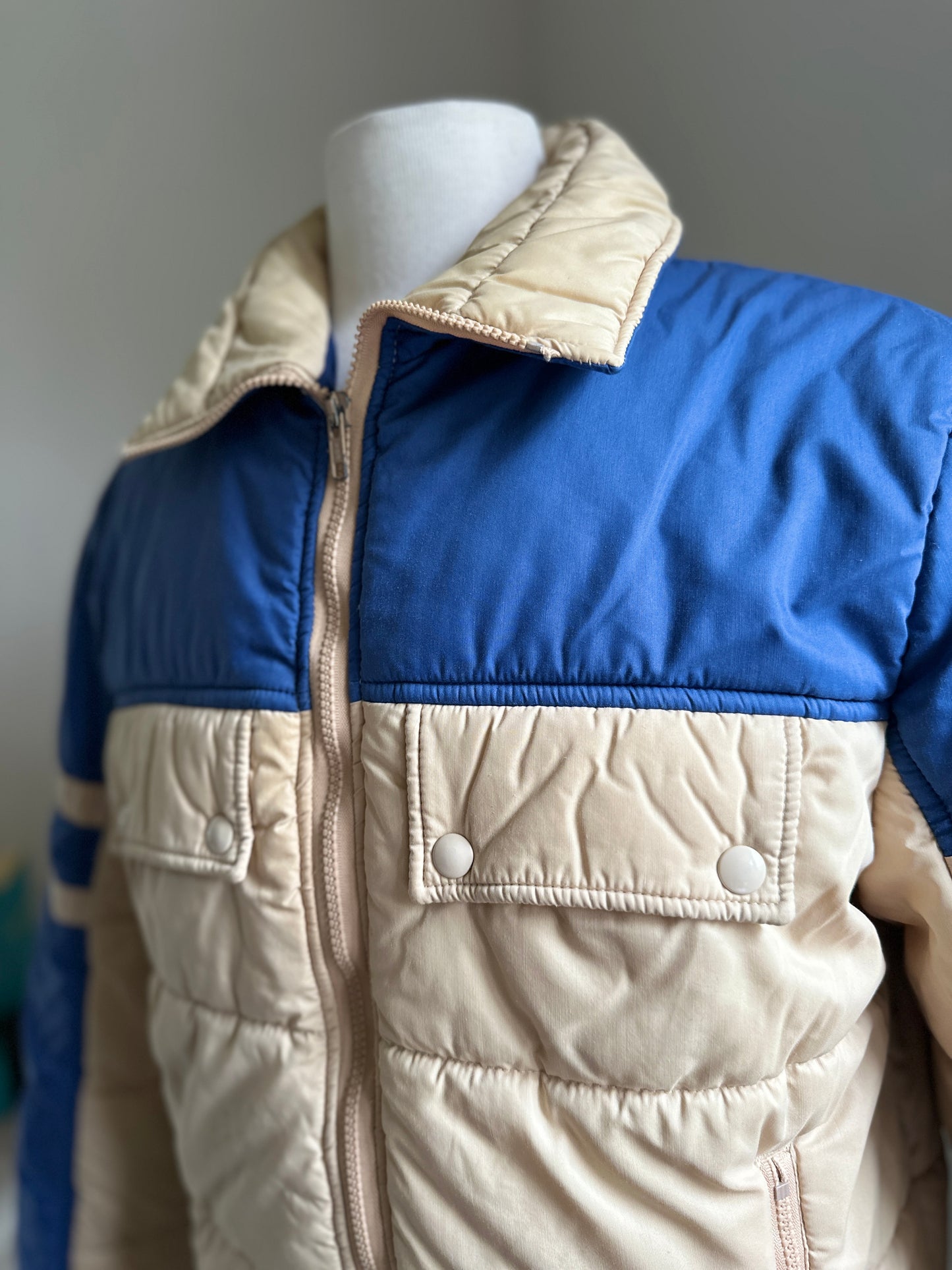 Black Bear Beige and Blue Zip Up Puffy Jacket
