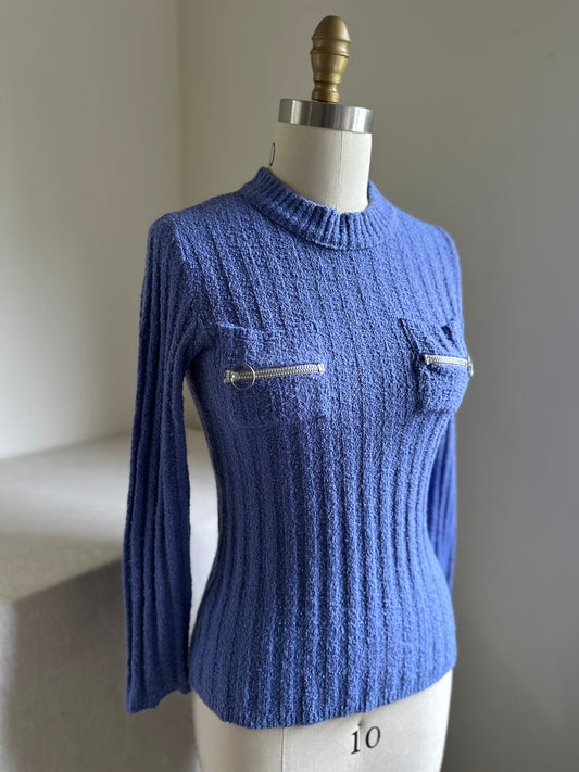 Purple Boucle Crewneck Sweater with Zip Pockets