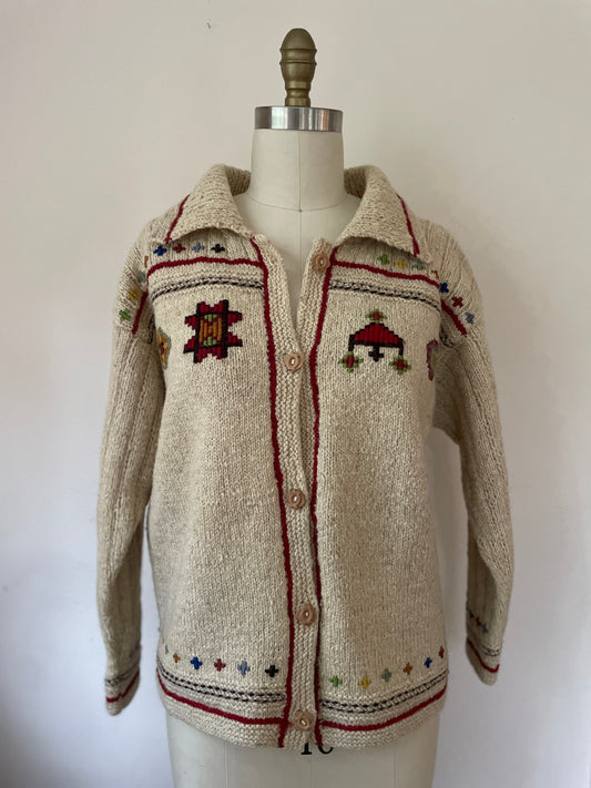 Armenian Hand Knit Folky Wool Embroidered Sweater